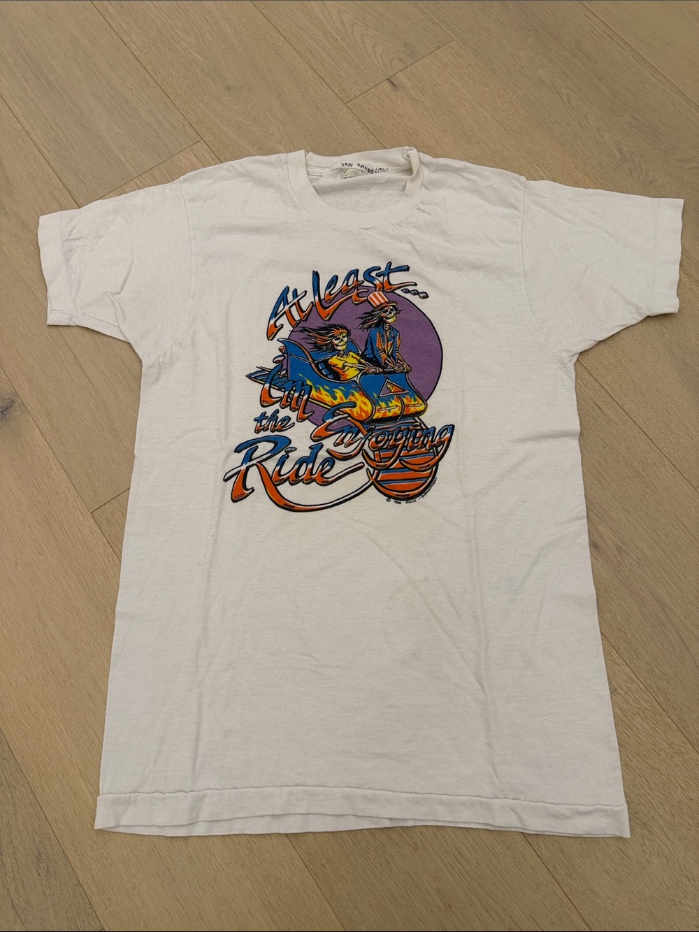 White Graphic Crew Neck T-Shirt with Colorful Ride Print